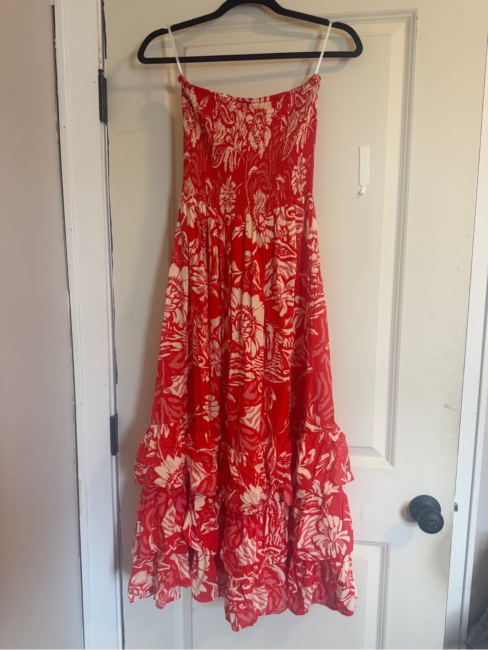 Floral Strapless Red and White Tiered Maxi Dress